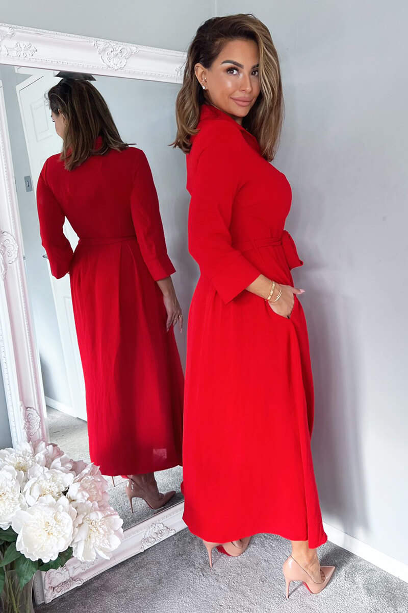 Red Button Up Midi Shirt Dress - Image 4