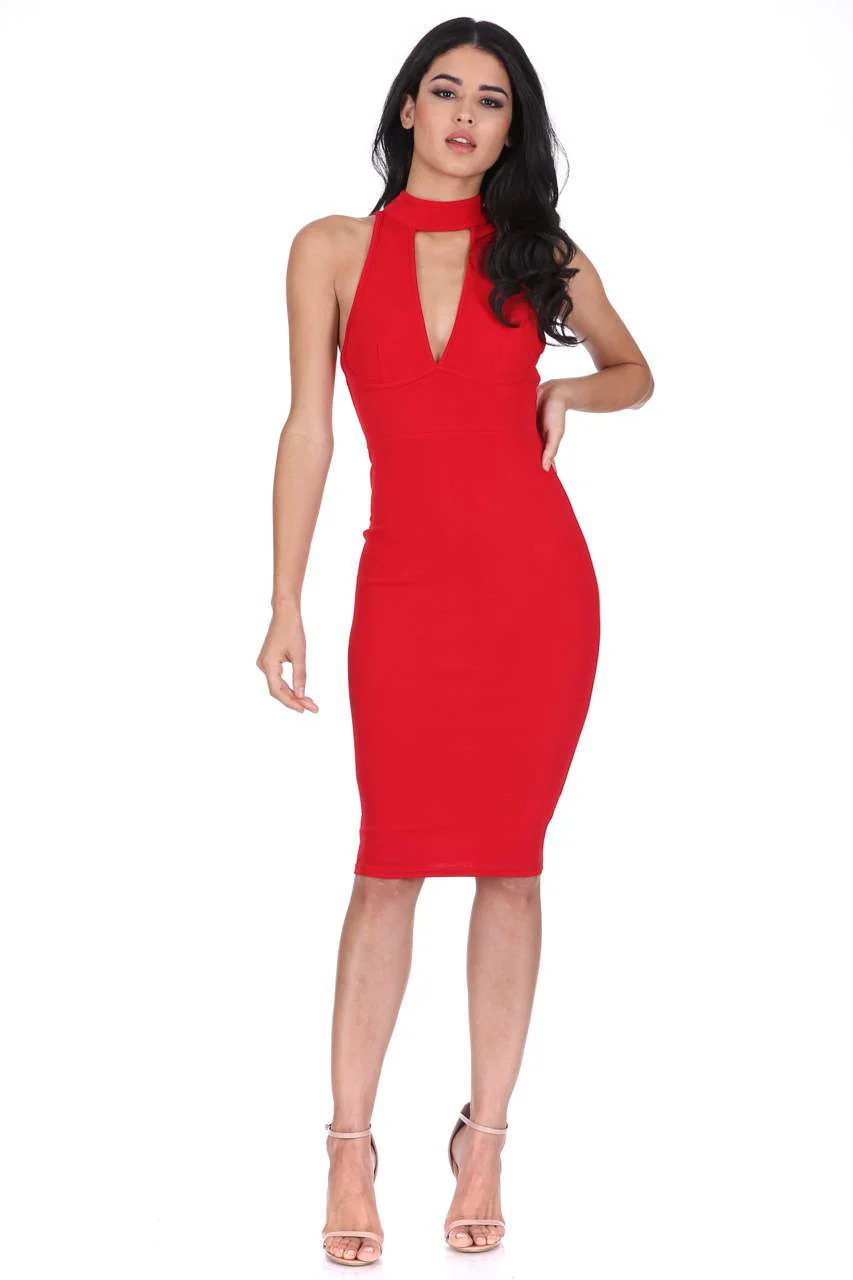 Red Choker Neck Midi Dress - Image 2