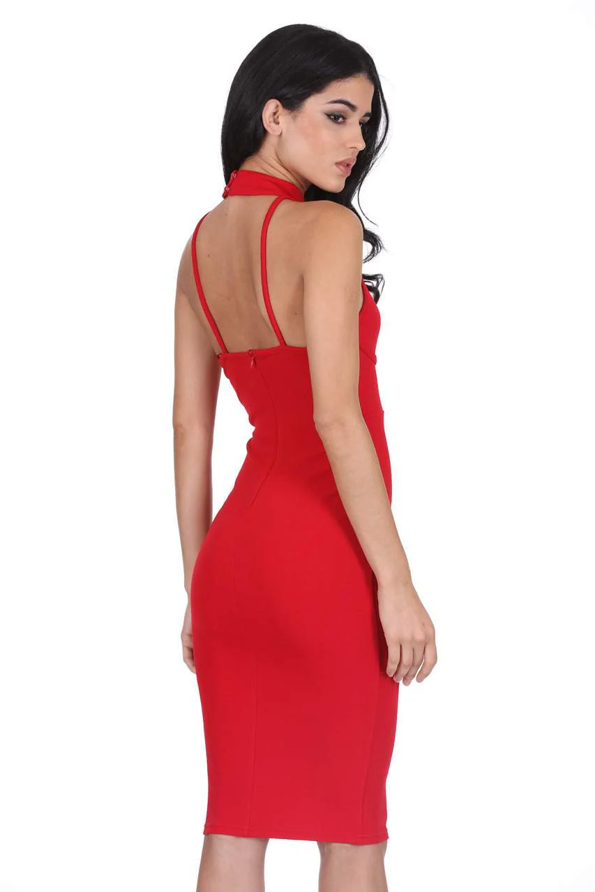 Red Choker Neck Midi Dress - Image 3