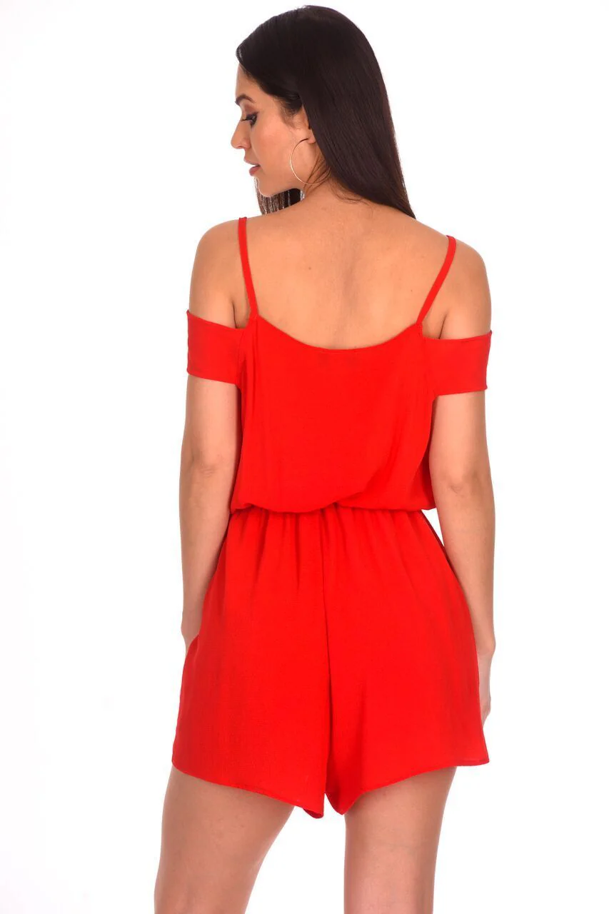 Red Cold Shoulder Wrap Front Playsuit - Image 3