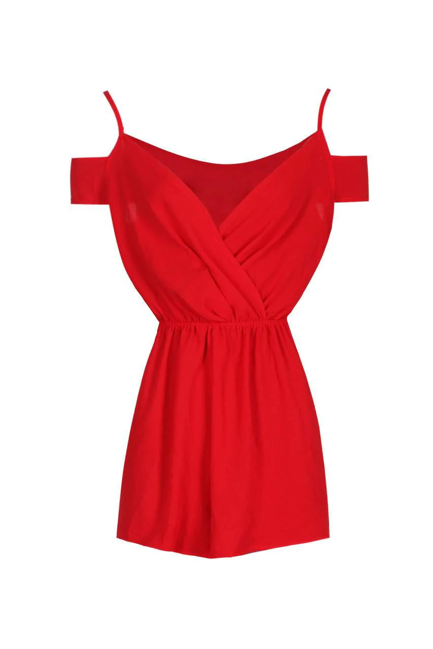 Red Cold Shoulder Wrap Front Playsuit - Image 4