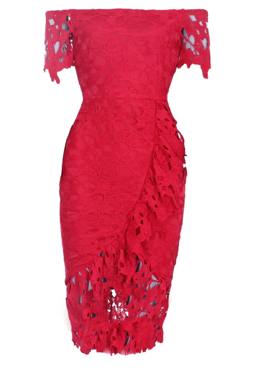 Red Crochet Bardot Frill Wrap Dress - Image 4