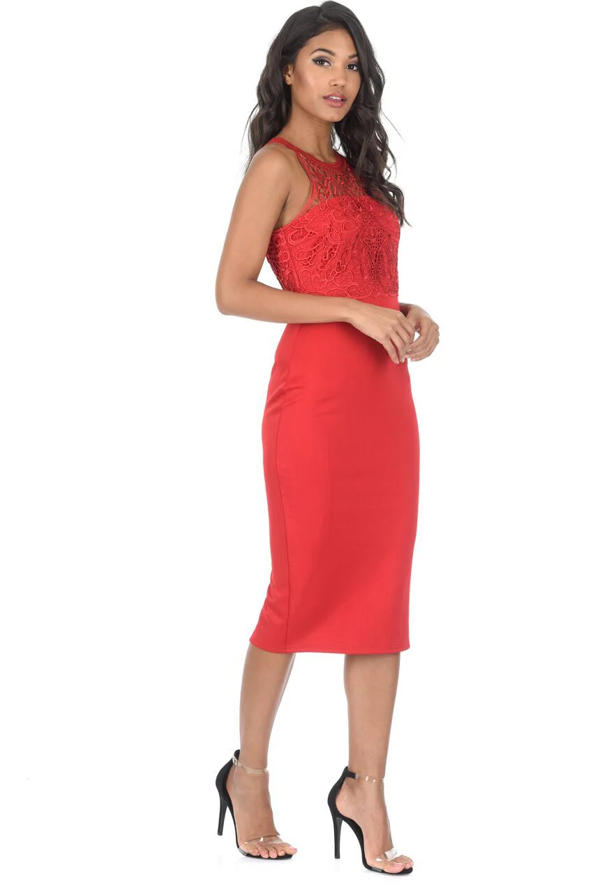 Red Crochet High Neck Midi Dress - Image 2
