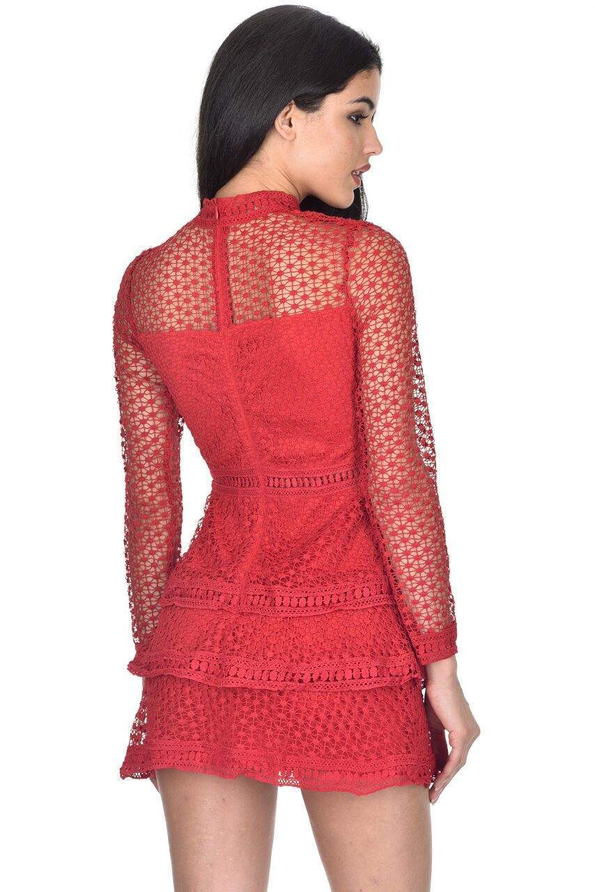 Red Crochet Long Sleeved Dress - Image 3