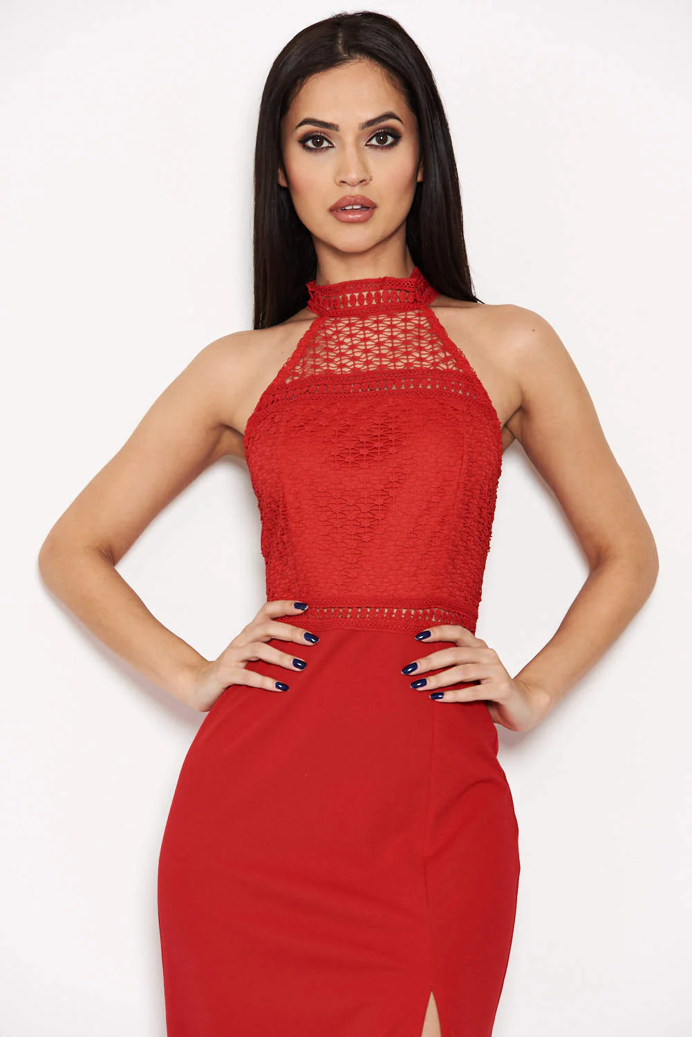 Red Crochet Top High Neck Maxi Dress - Image 5