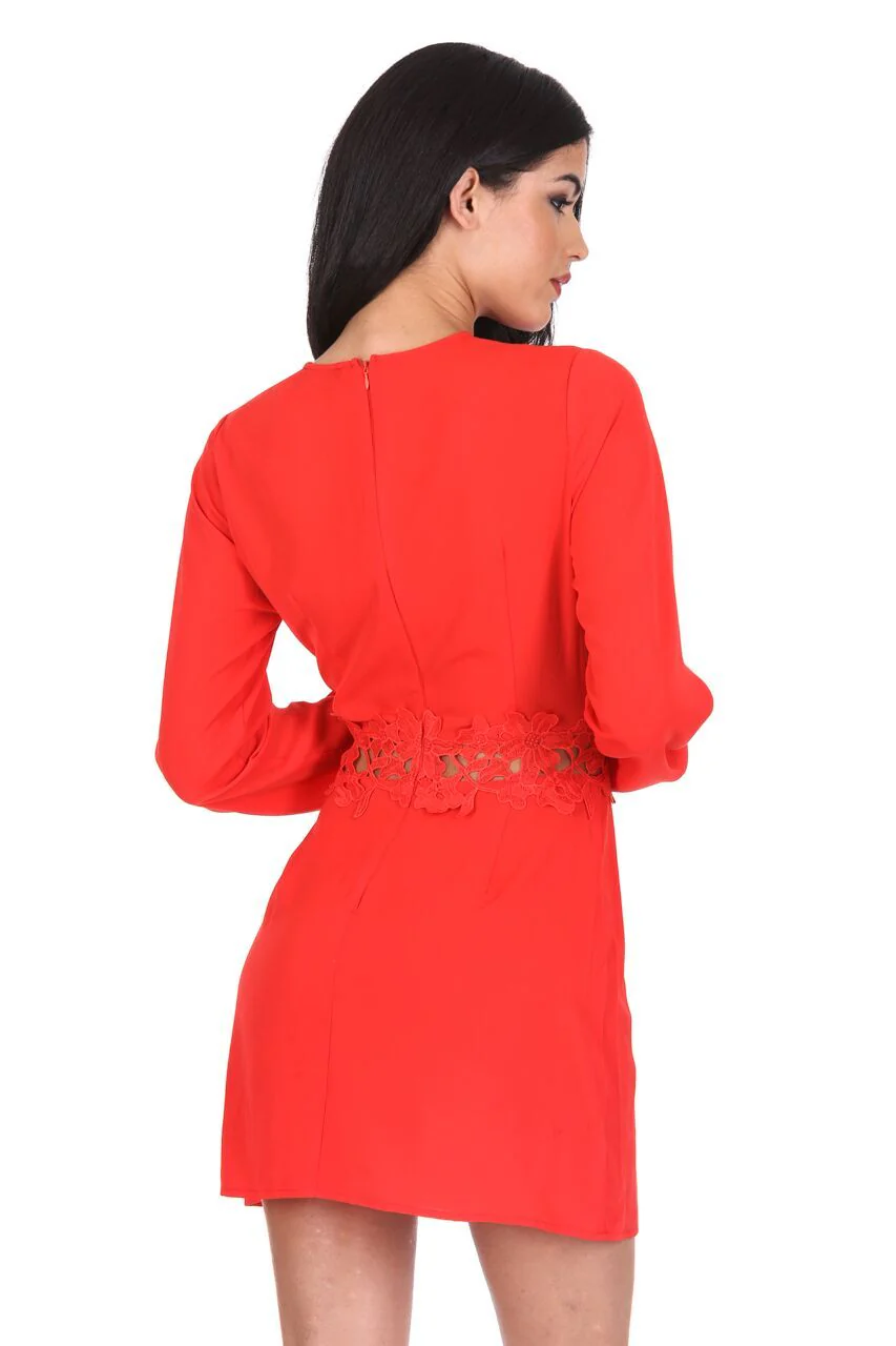 Red Crochet Waist Long Sleeved Dress - Image 3