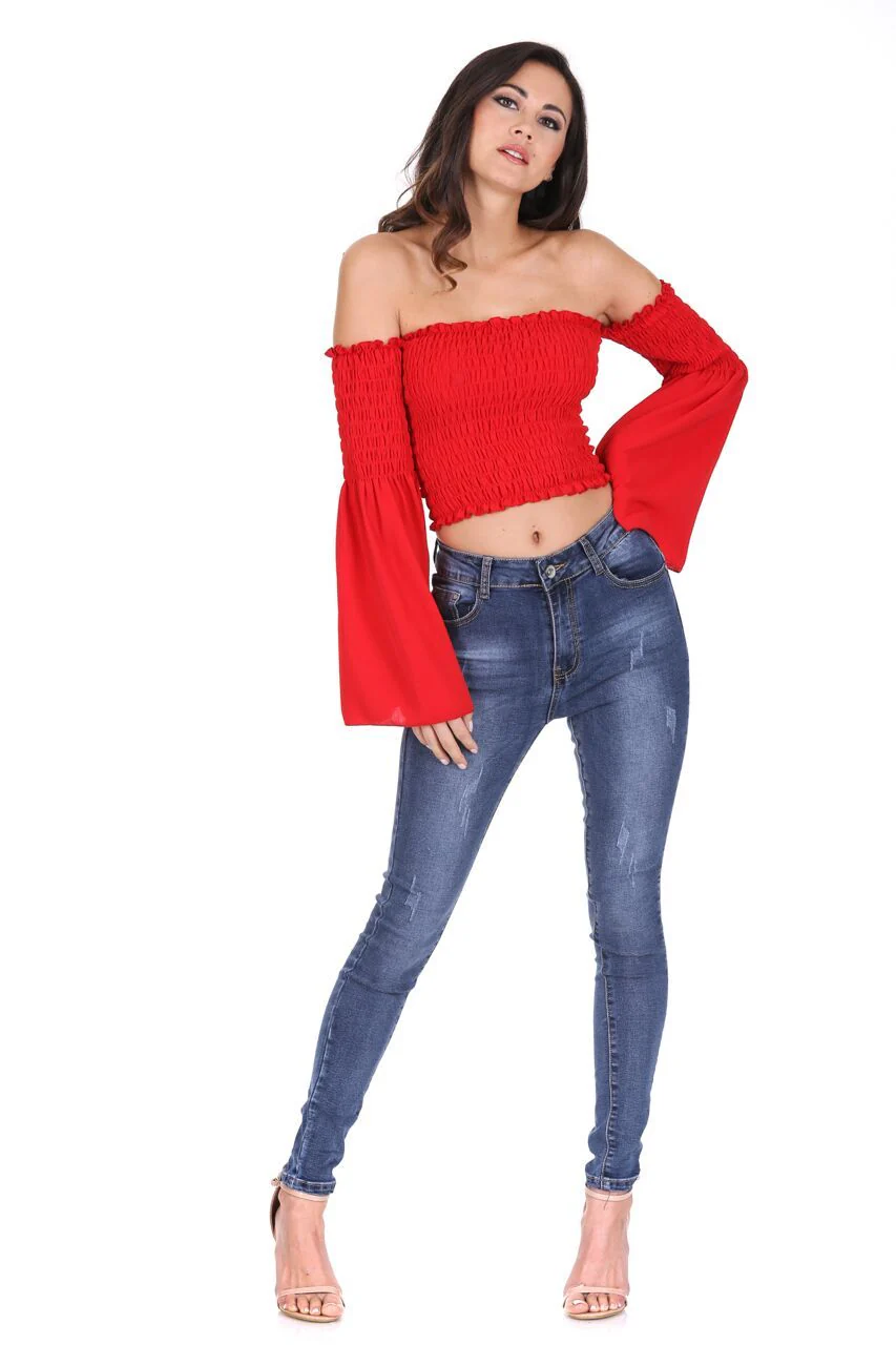 Red Crop Flare Sleeve Top - Image 2