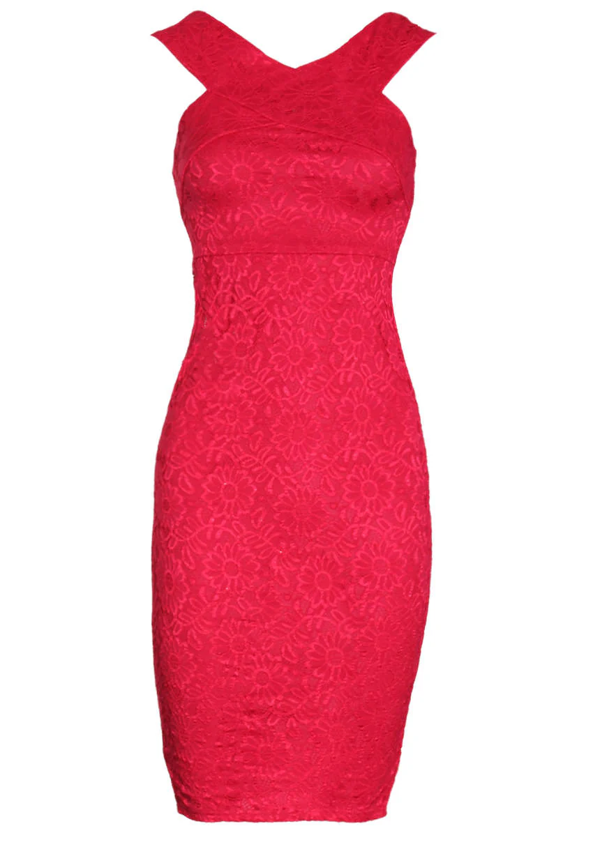 Red Cross Front Lace Midi Dress - Image 4