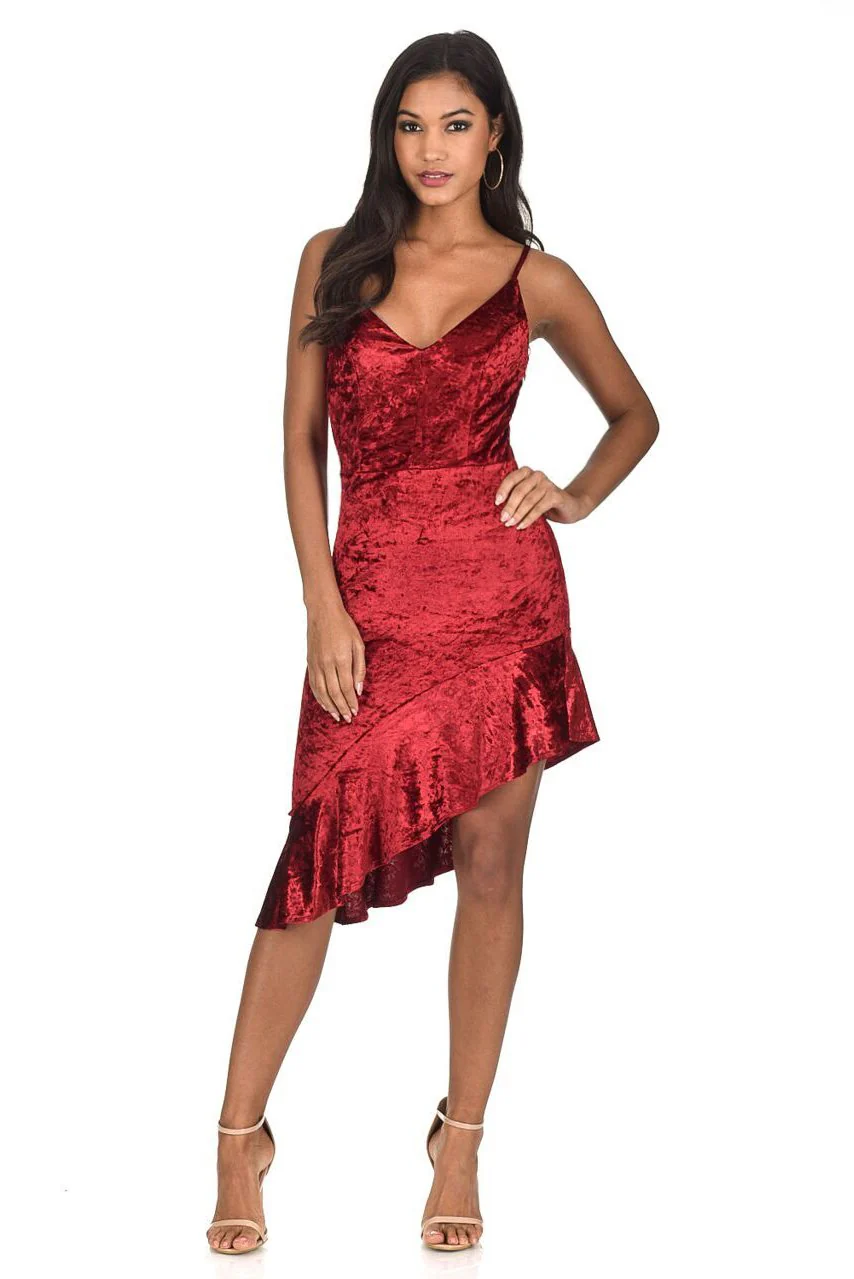 Red Crushed Velvet Bottom Frill dress - Image 2