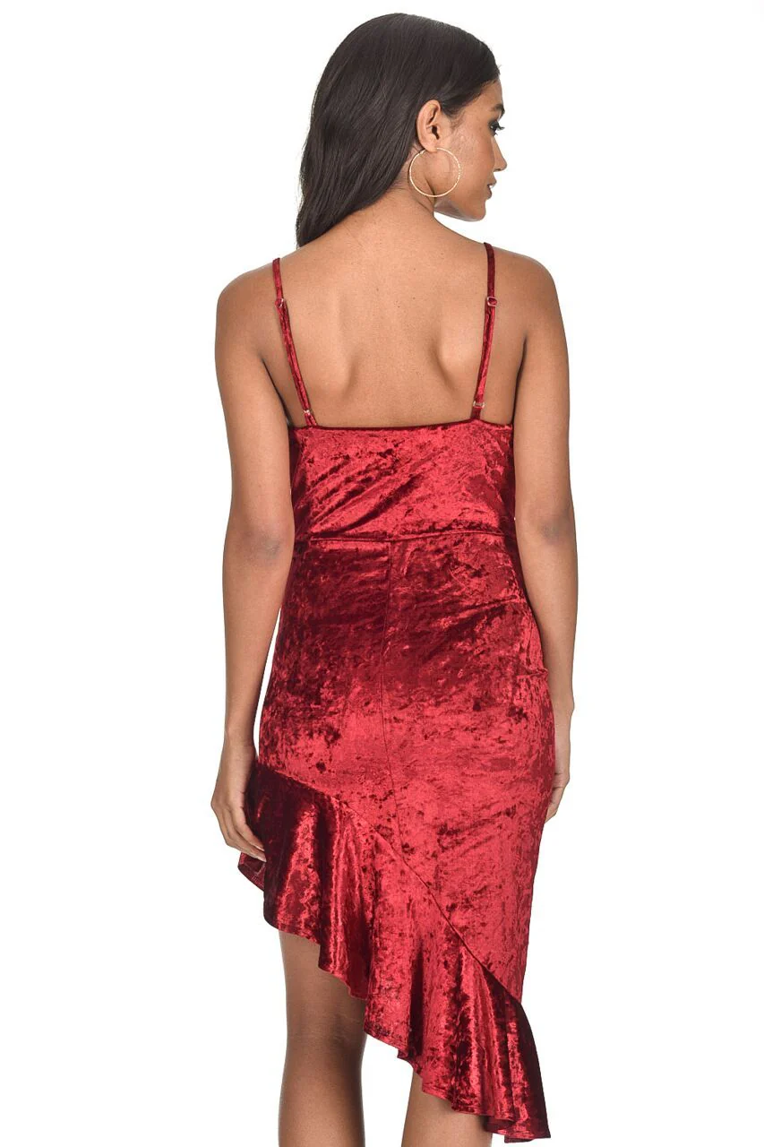 Red Crushed Velvet Bottom Frill dress - Image 3
