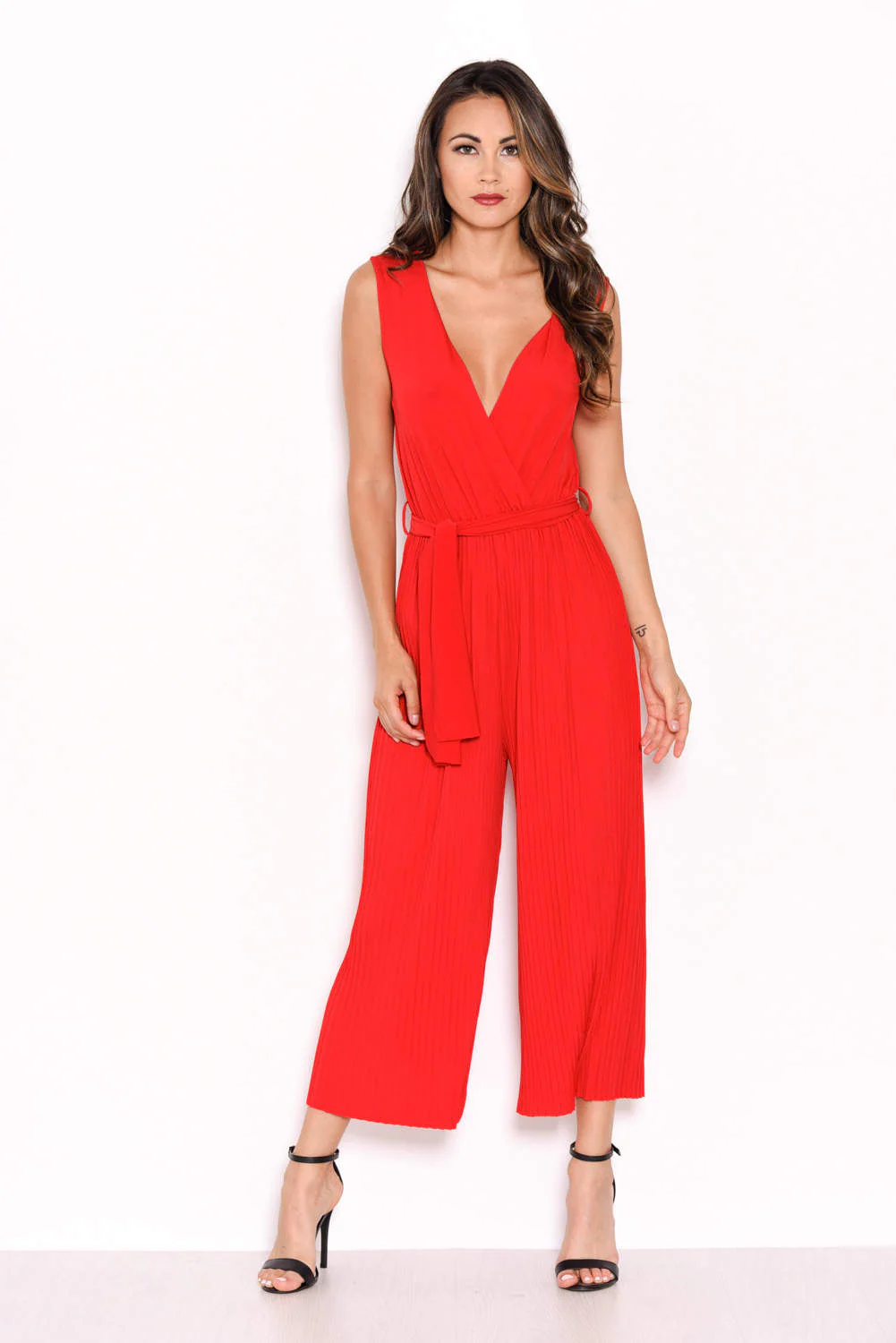 Red Culotte Pleated Tie-Waist Jumpsuit - Image 4