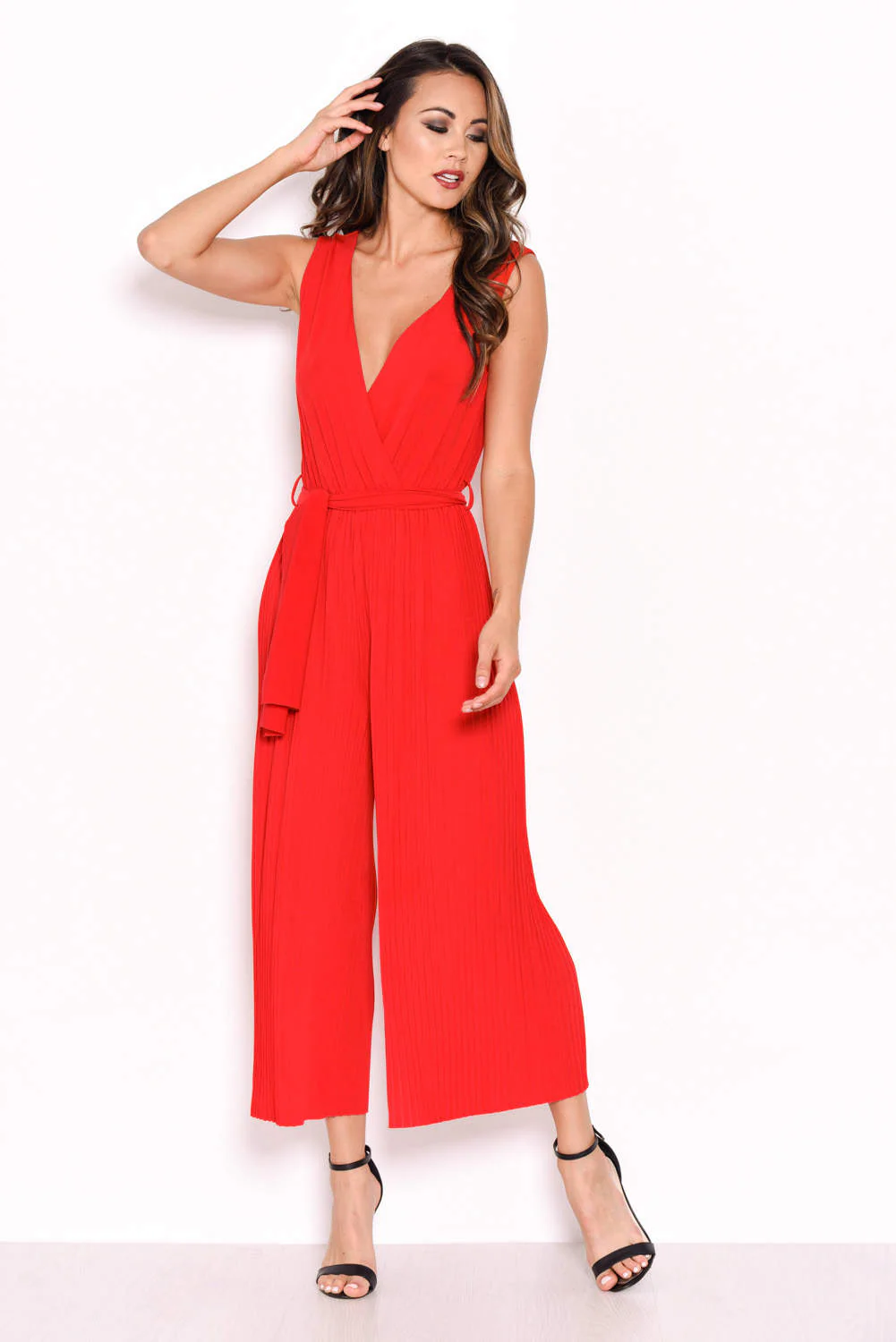 Red Culotte Pleated Tie-Waist Jumpsuit - Image 5