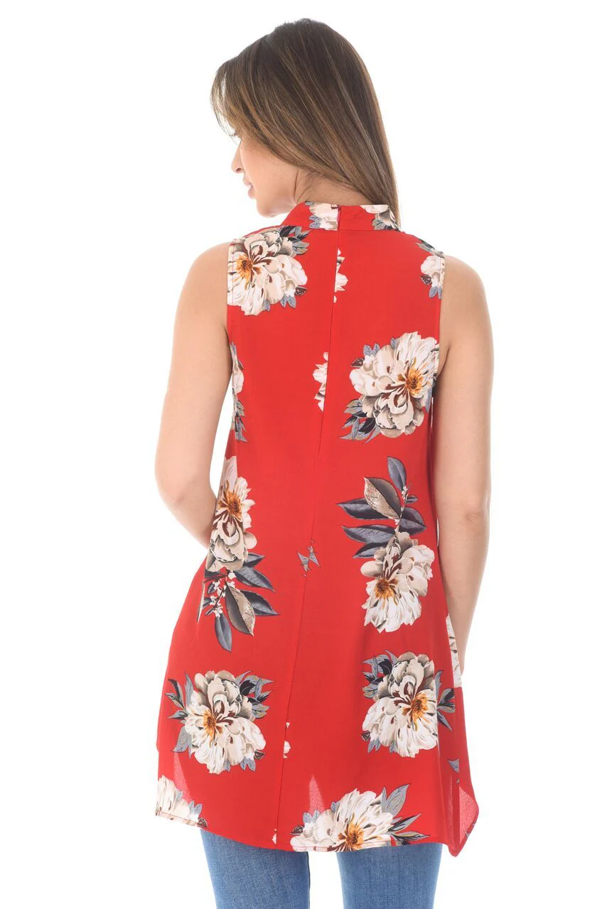 Red Curved Hem Printed Choker Top - Image 3
