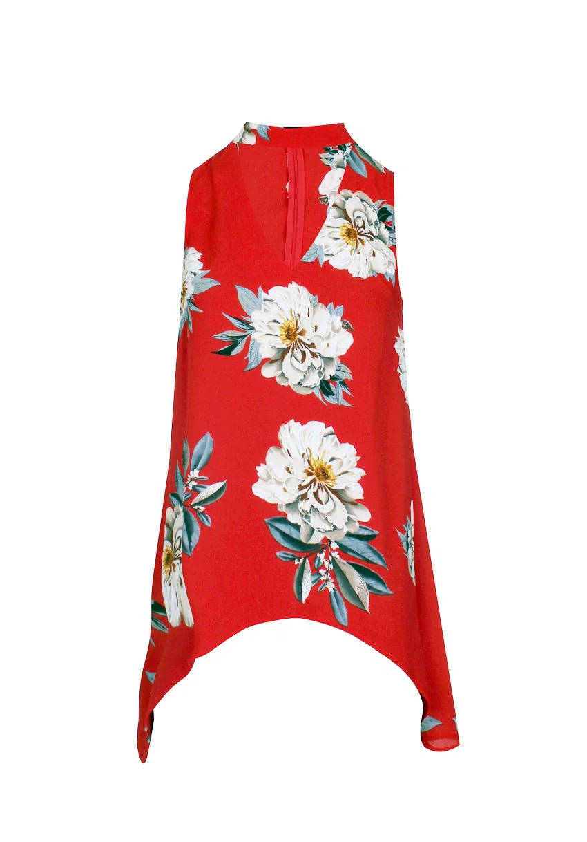 Red Curved Hem Printed Choker Top - Image 4