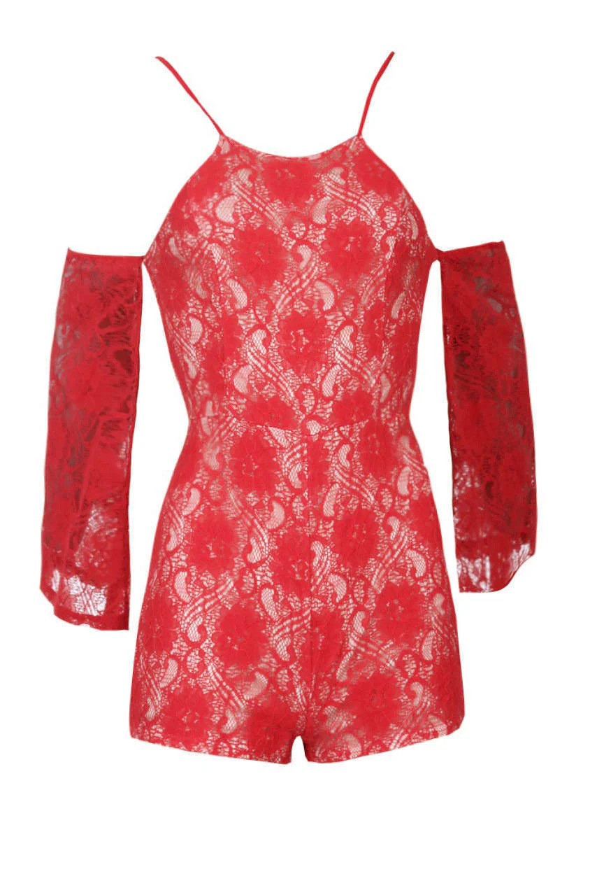 Red Cut Out Shoulder Lace Contrast Playsuit - Image 4
