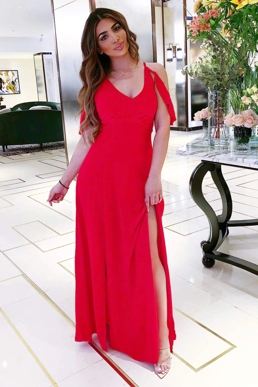 Red Cut Out Shoulder Maxi Dress - Image 2