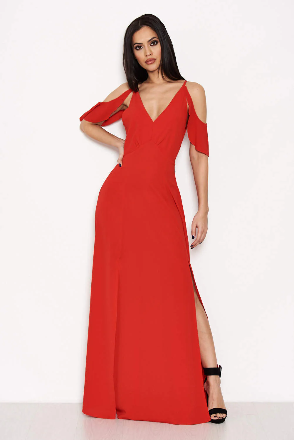 Red Cut Out Shoulder Maxi Dress - Image 3