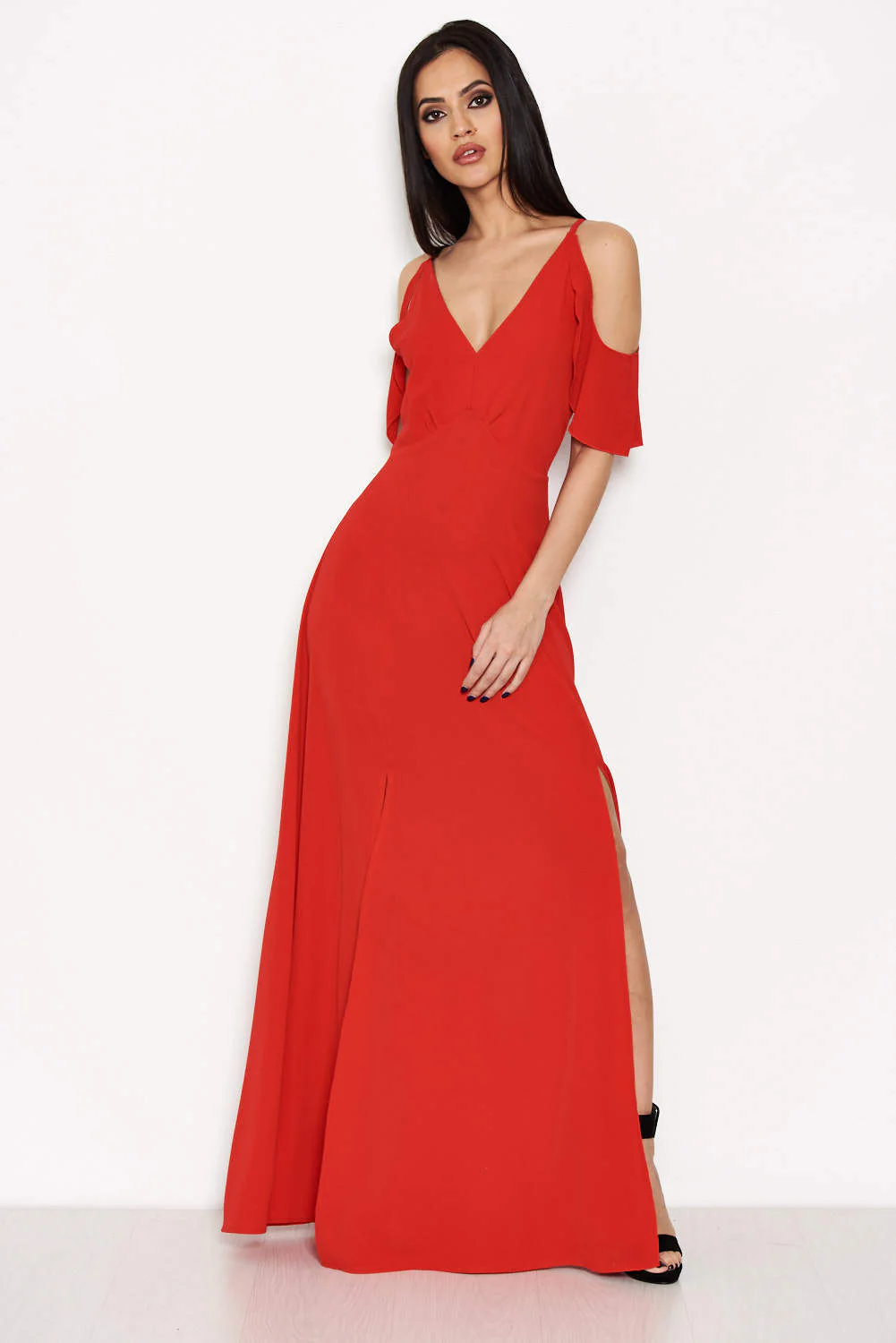 Red Cut Out Shoulder Maxi Dress - Image 5