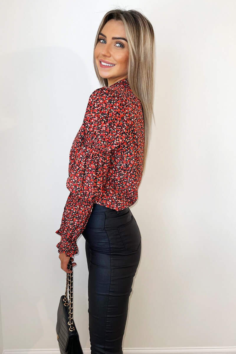 Red Ditsy Floral Grouped Sleeve Shirt - Image 4