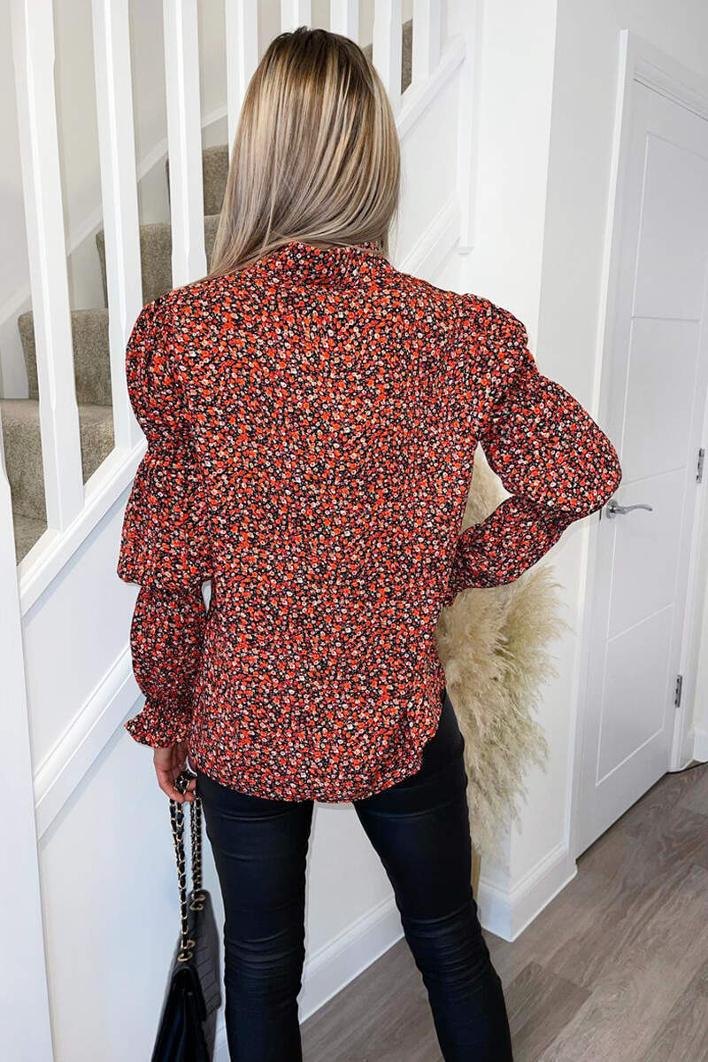 Red Ditsy Floral Grouped Sleeve Shirt - Image 5