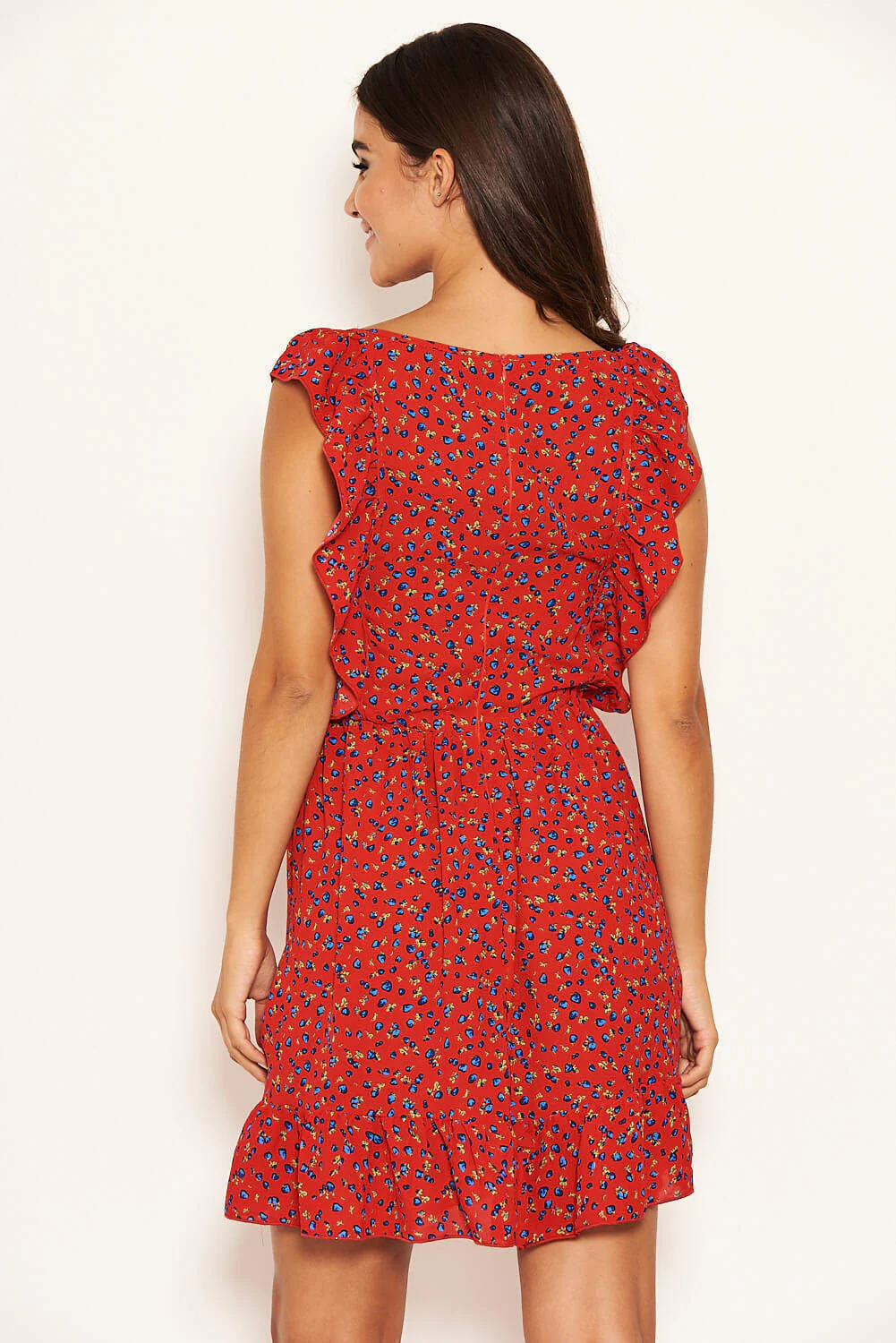 Red Ditsy Floral Square Neck Frill Dress - Image 4