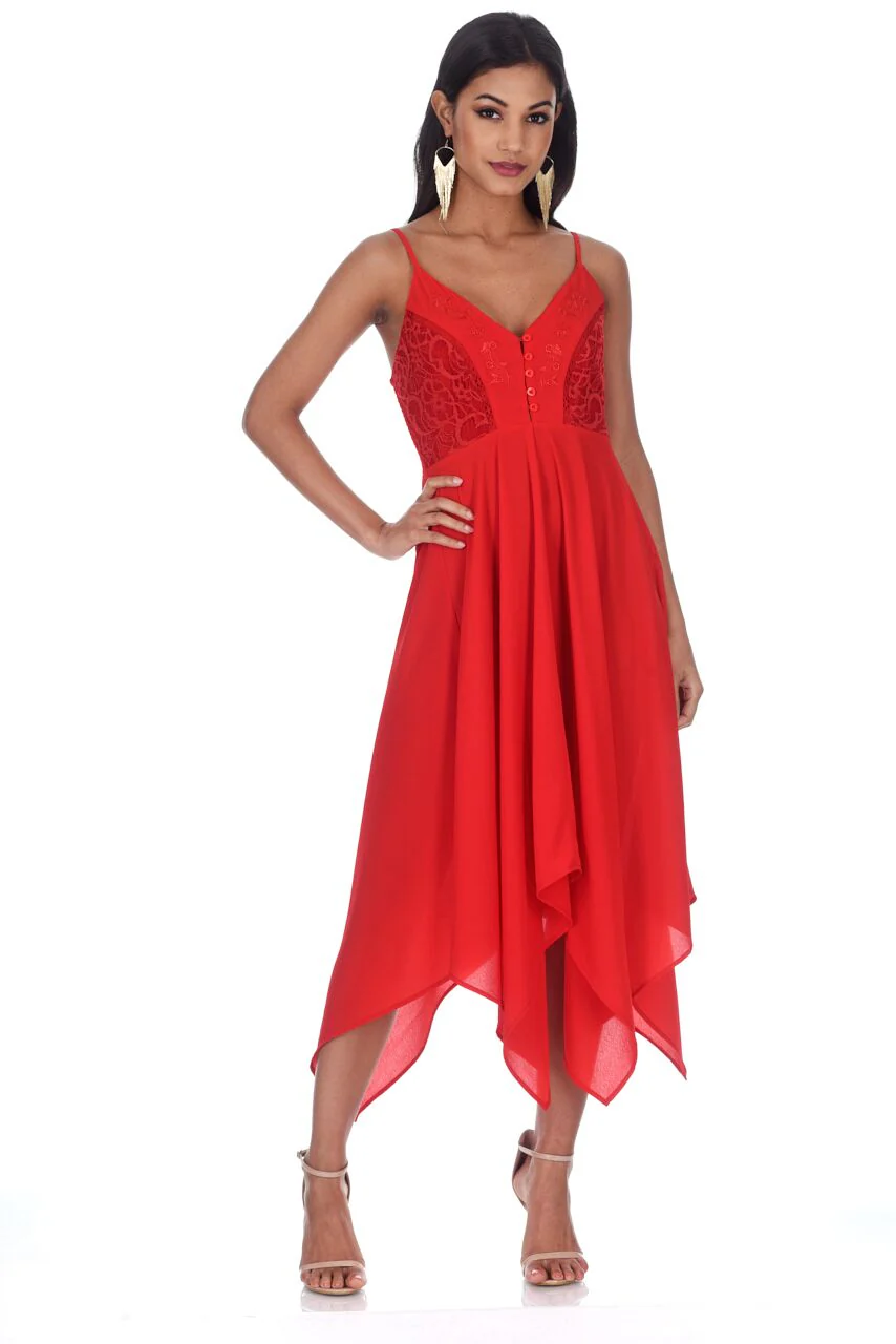 Red Dress With Lace Detail Embroidery - Image 2