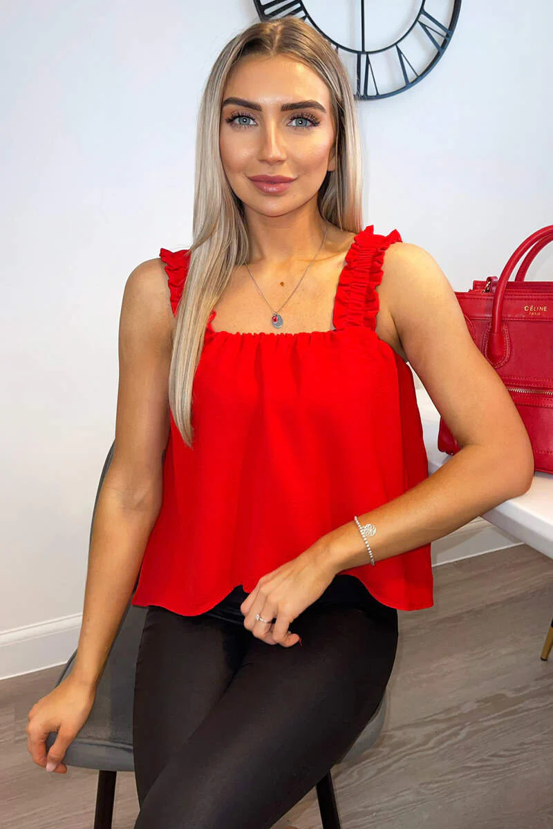 Red Elasticated Frill Strap Top - Image 2