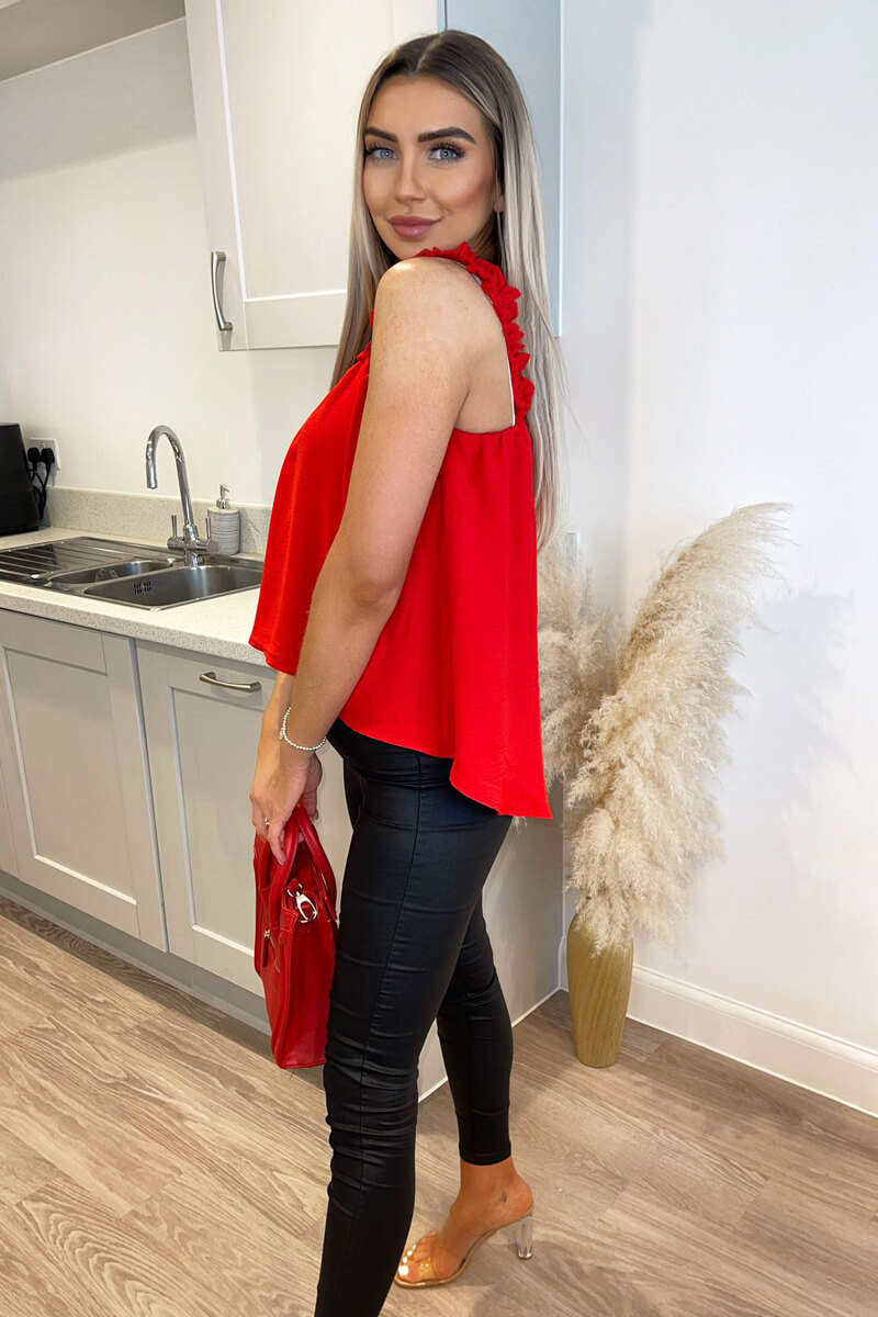Red Elasticated Frill Strap Top - Image 5