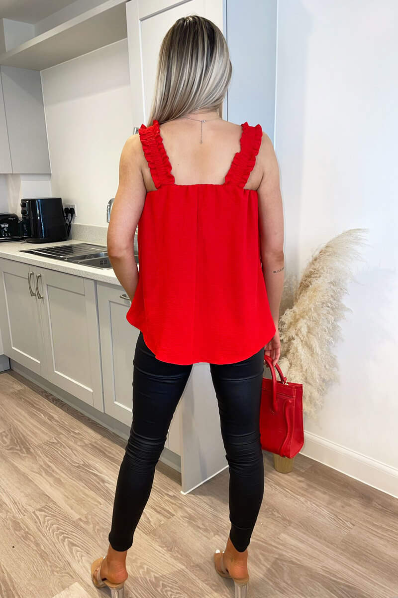 Red Elasticated Frill Strap Top - Image 6