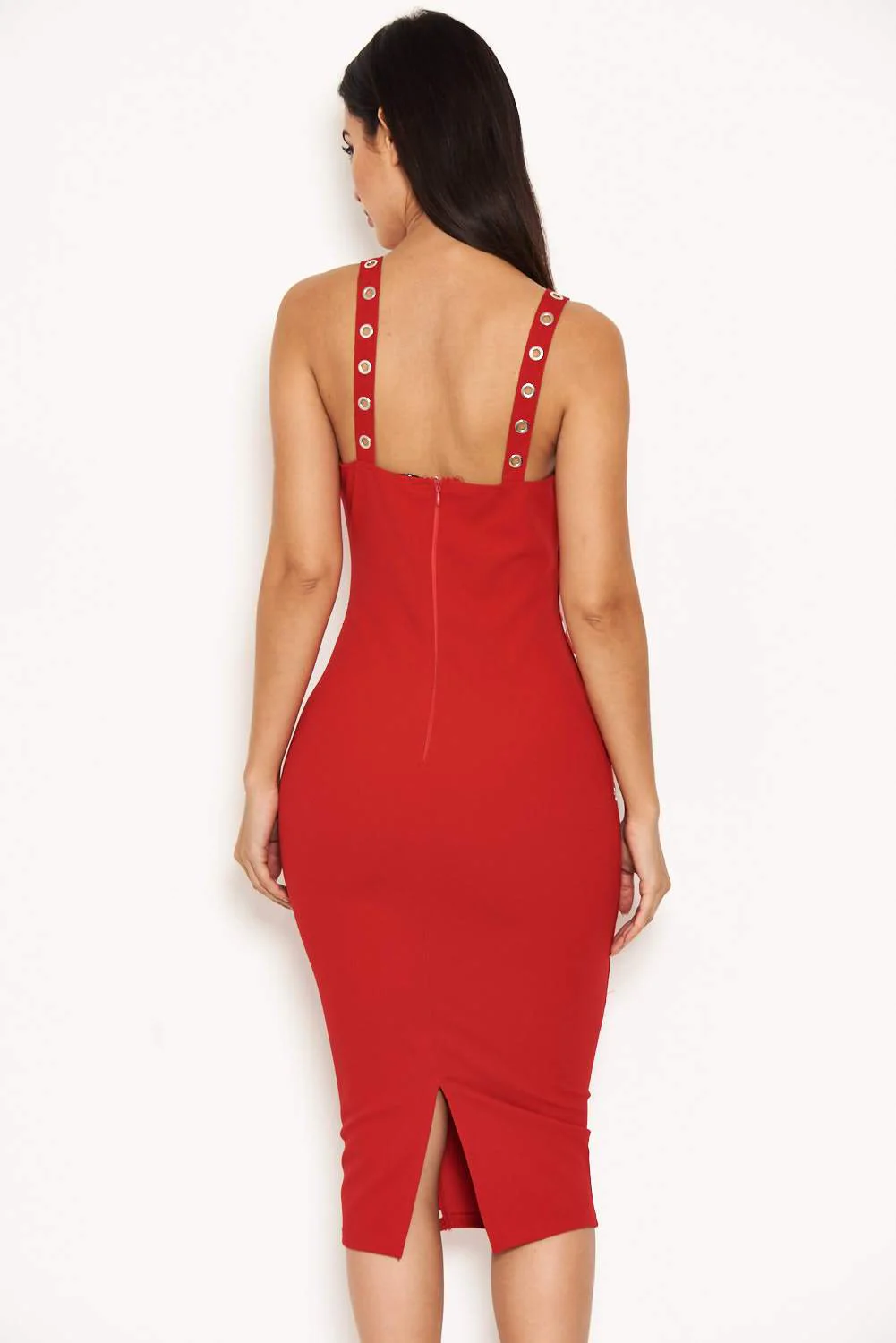 Red Eyelet Detail Bodycon Midi Dress - Image 3