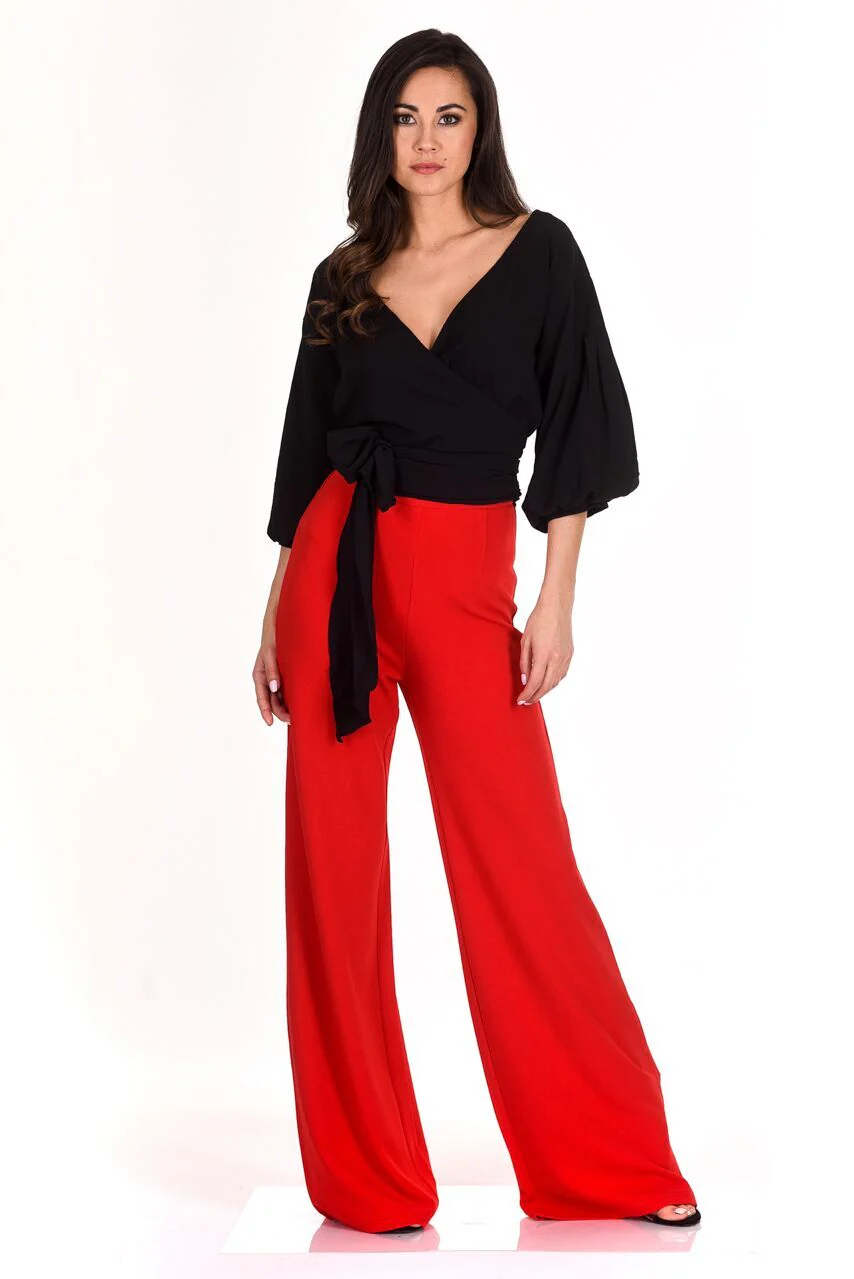 Red Flared High Waisted Trousers - Image 2