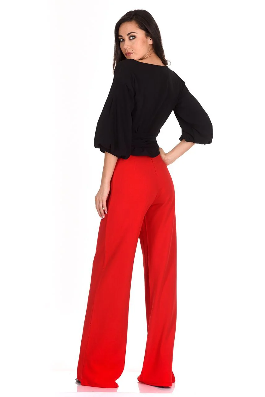 Red Flared High Waisted Trousers - Image 3