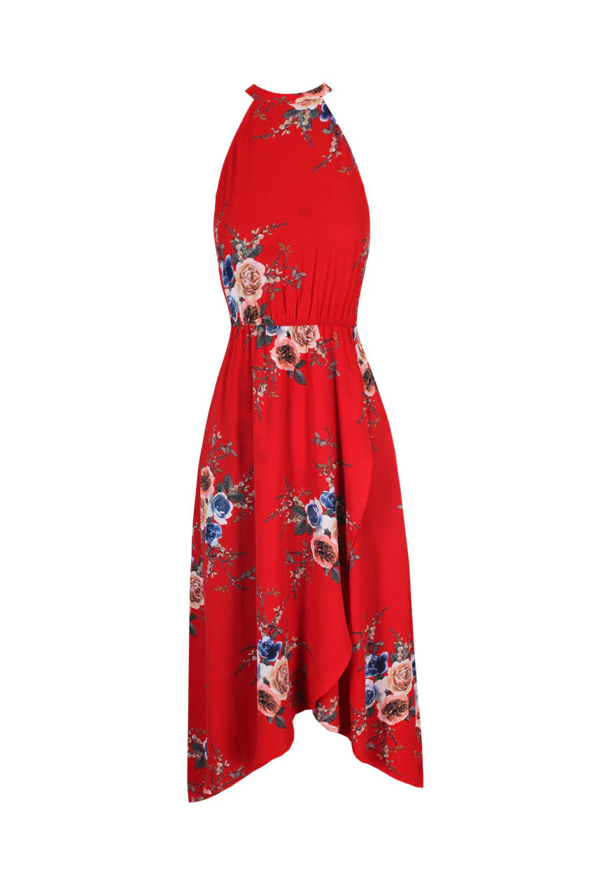 Red Floral Asymmetric Choker Neck Maxi Dress - Image 4