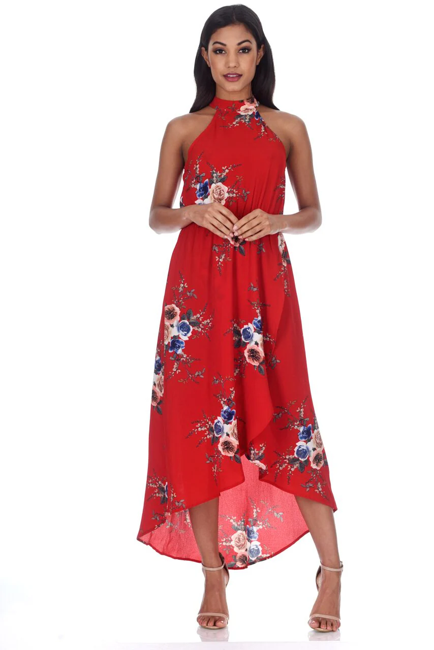 Red Floral Asymmetric Choker Neck Maxi Dress - Image 5