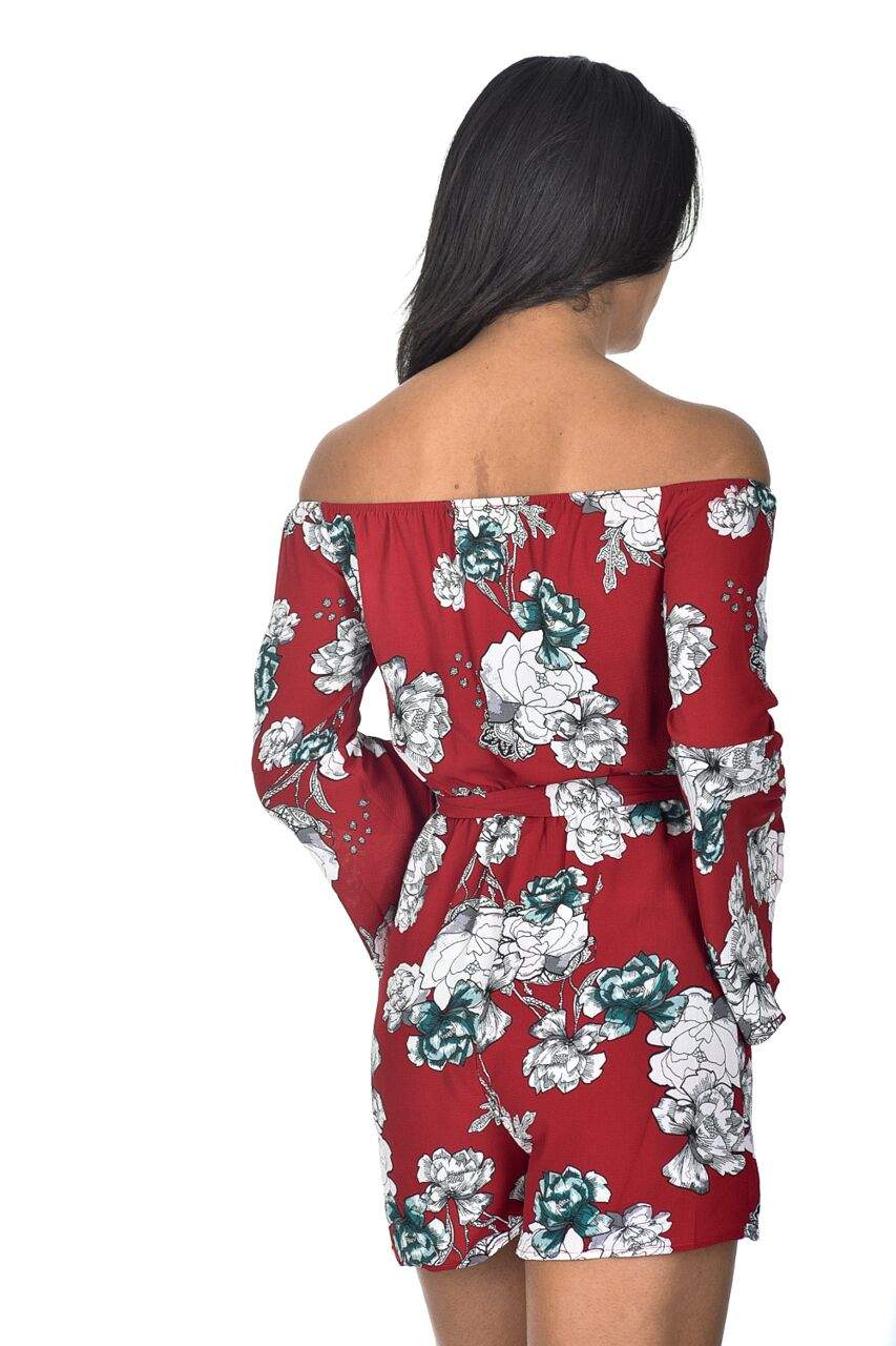 Red Floral Bardot Flared Sleeve Playsuit - Image 3