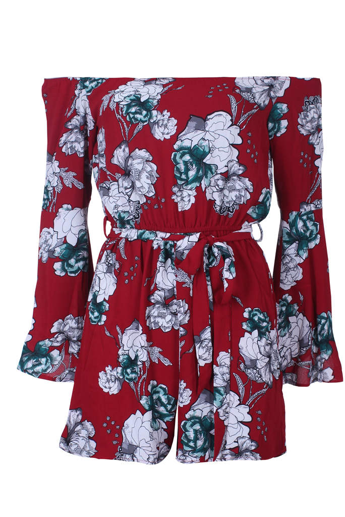 Red Floral Bardot Flared Sleeve Playsuit - Image 4