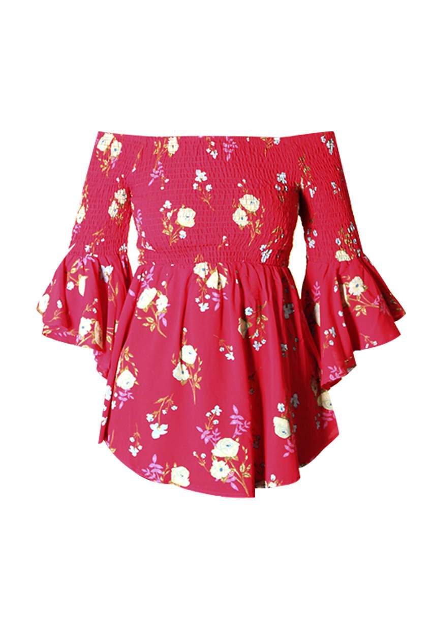 Red Floral Bardot Top - Image 3