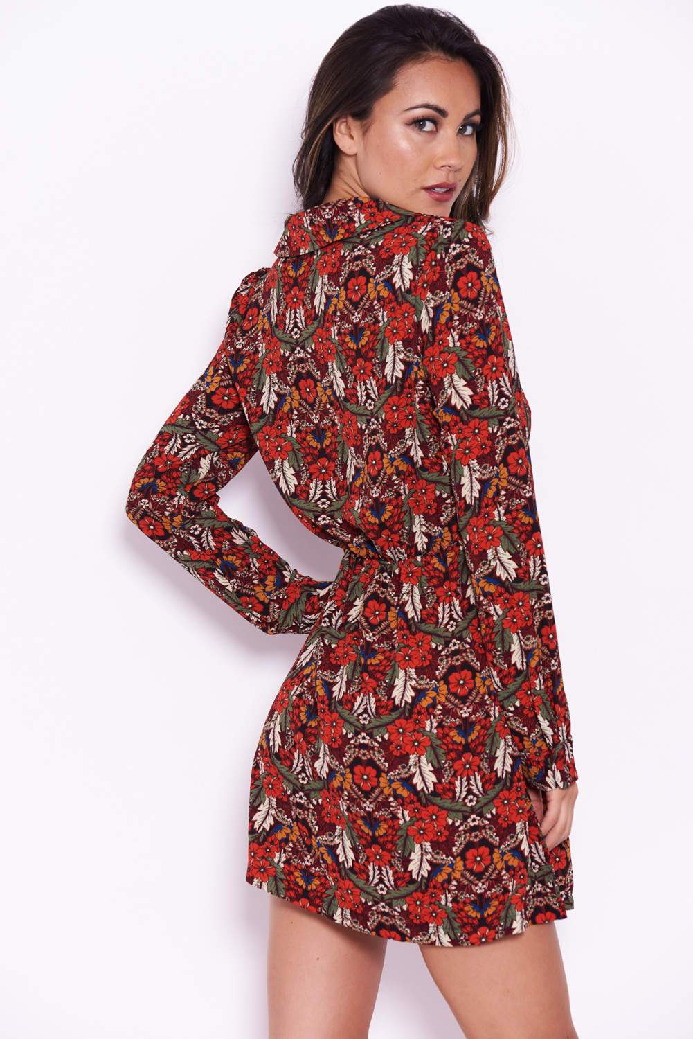 Red Floral Button Up Front Swing Dress - Image 3