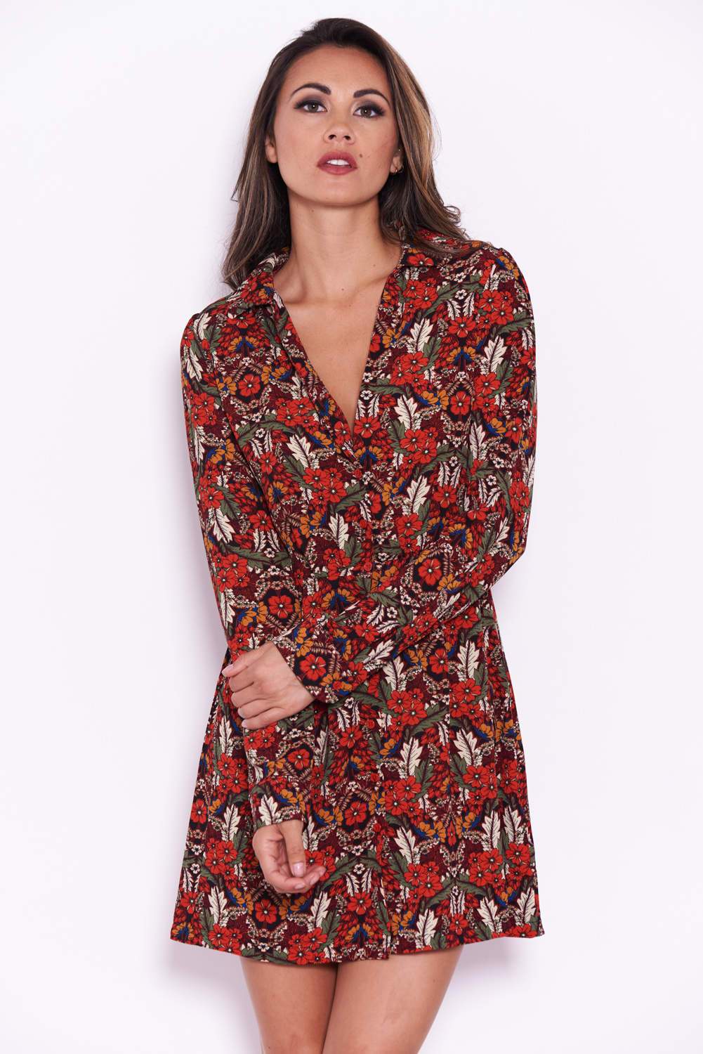 Red Floral Button Up Front Swing Dress - Image 4