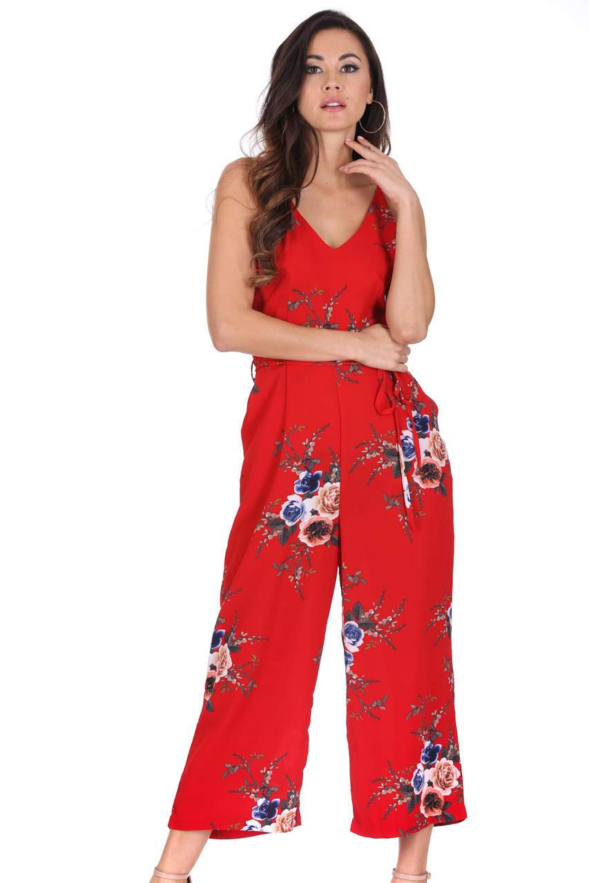 Red Floral Culotte Jumpsuit - Image 2