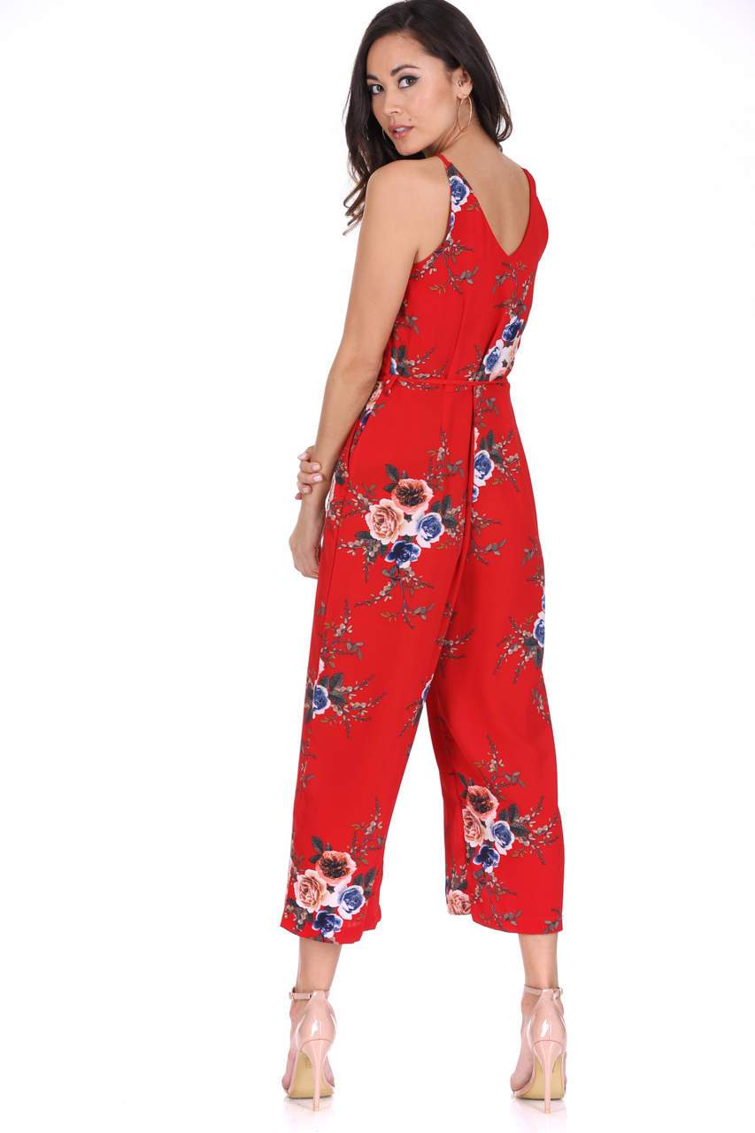 Red Floral Culotte Jumpsuit - Image 3
