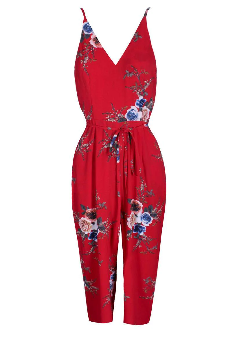 Red Floral Culotte Jumpsuit - Image 4