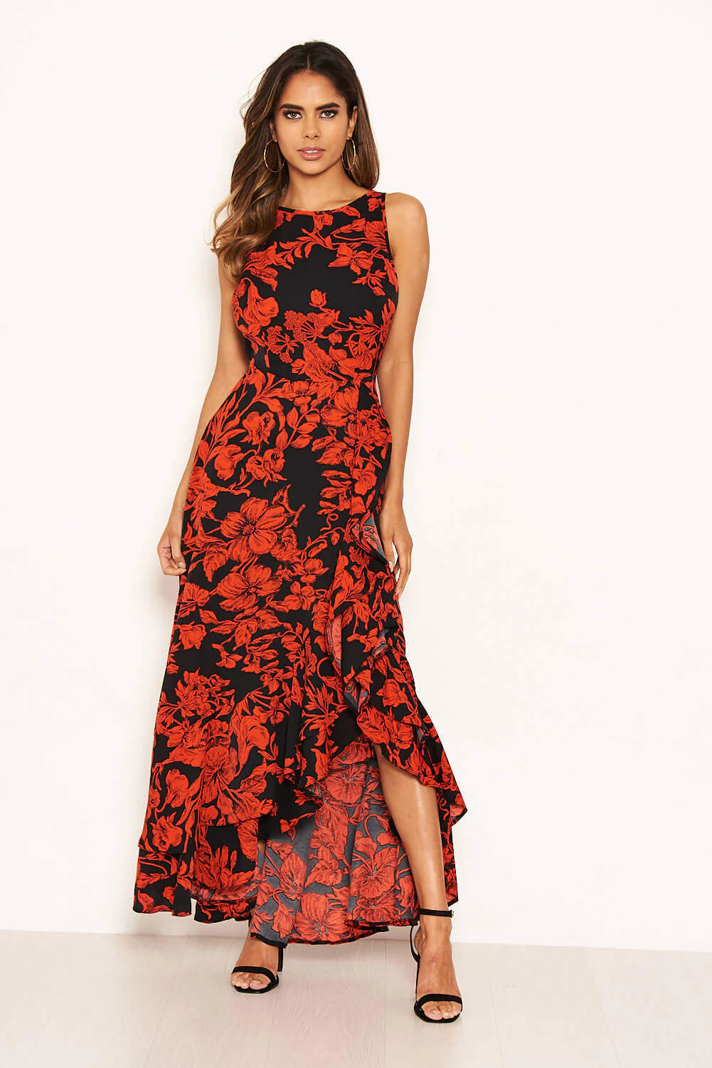 Red Floral Frill Hem Maxi Dress - Image 3