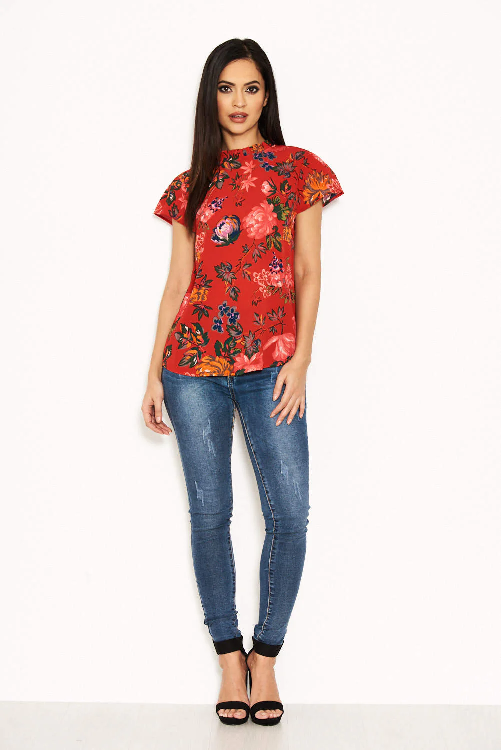 Red Floral High Neck Frill Top - Image 2