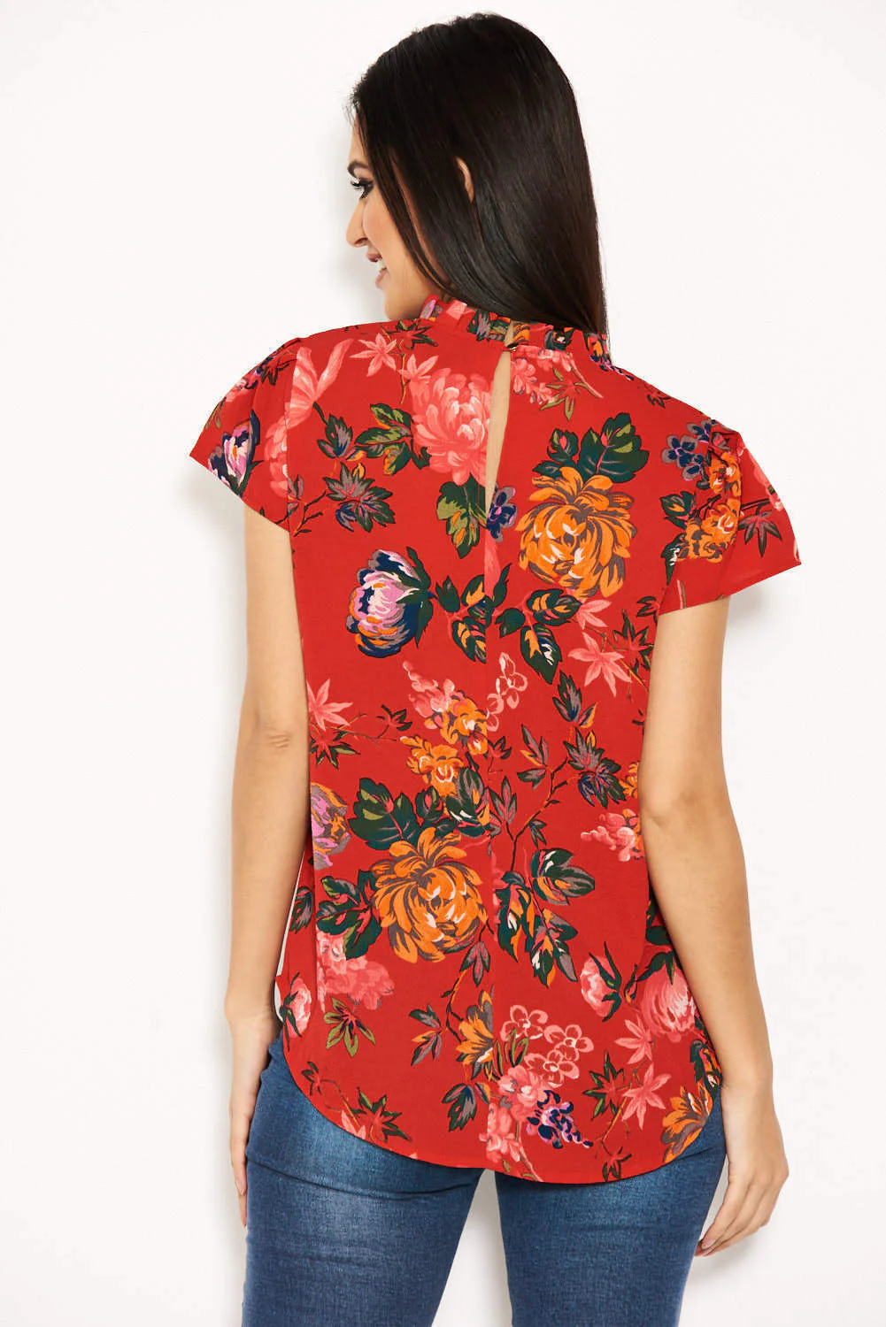 Red Floral High Neck Frill Top - Image 3