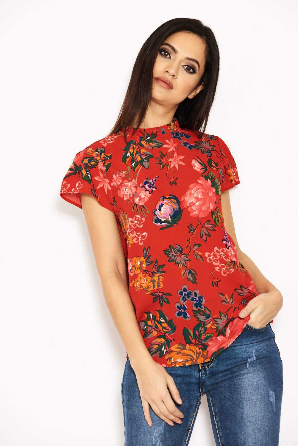 Red Floral High Neck Frill Top - Image 4