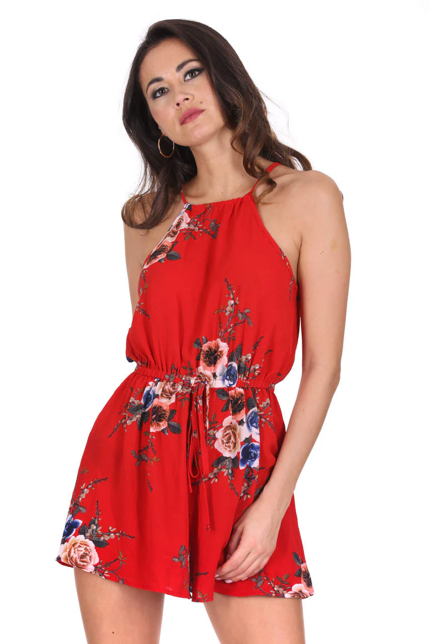 Red Floral High Neck Playsuit - Image 4