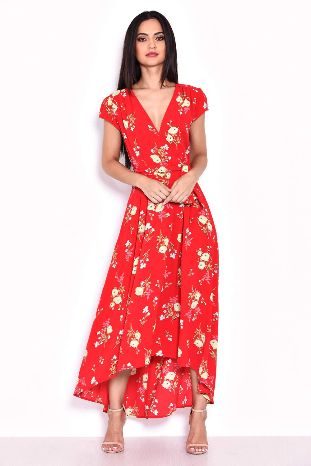 Red Floral Maxi Wrap Dress - Image 4