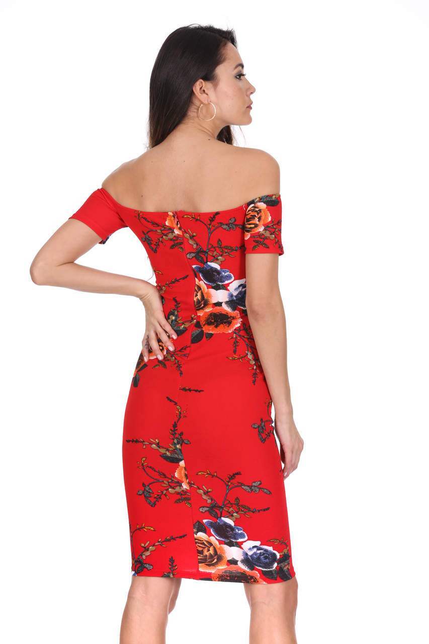 Red Floral Off The Shoulder Midi Dress - Image 3