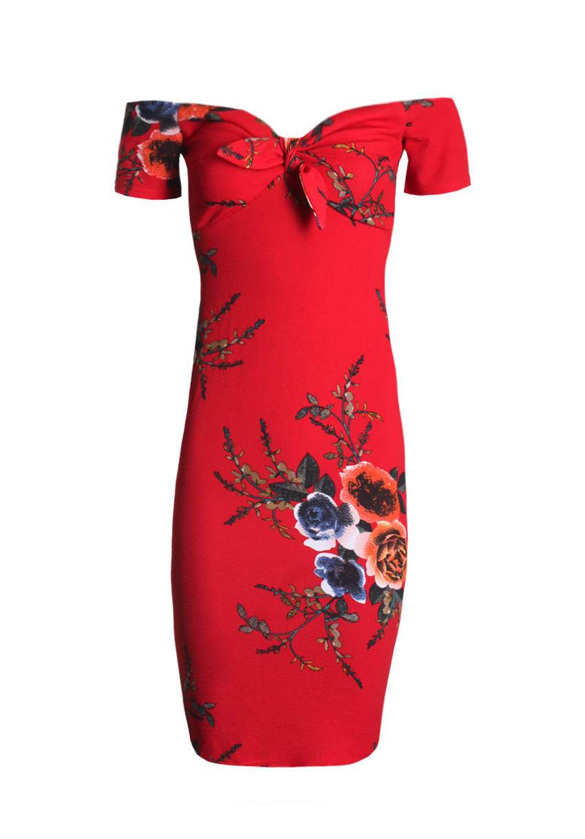 Red Floral Off The Shoulder Midi Dress - Image 4